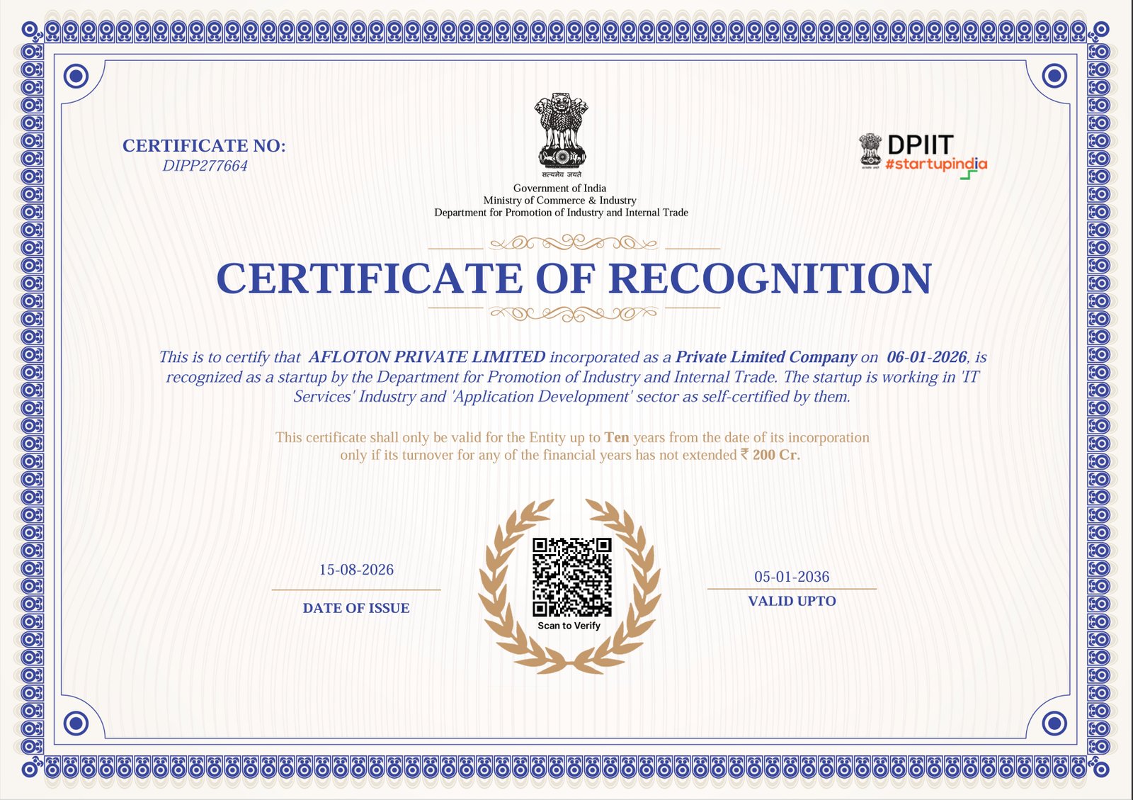 DPIIT Startup India Certificate of Recognition for Afloton Private Limited